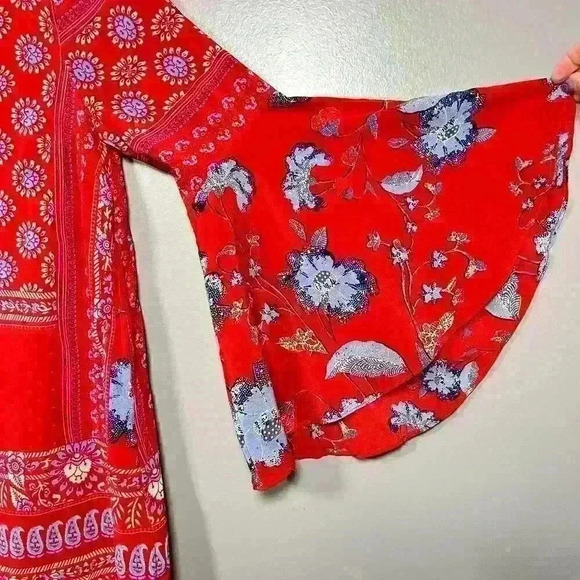 VANESSA VIRGINIA Red Bell Sleeve 100% Silk Peasant Dress Flowy Relaxed Women 4P - Picture 3 of 12